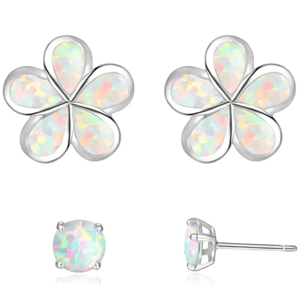 14K White Gold with Genuine White Fire Opal Flower Post Stud Earrings Set of 2